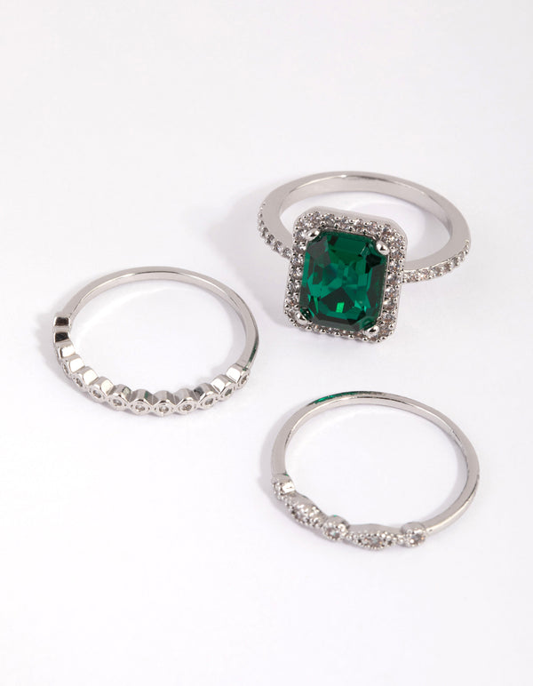 Silver Emerald Diamond Simulant Halo Ring Pack