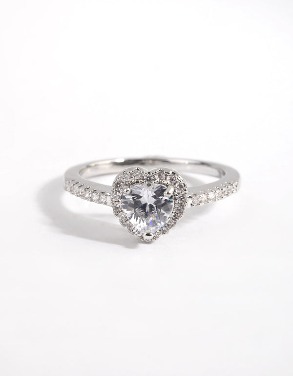 Rhodium Diamond Simulant Heart Halo Ring