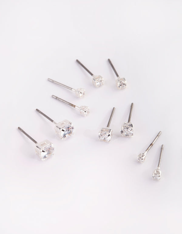 Silver Graduated Diamante Stud Earring 5-Pack