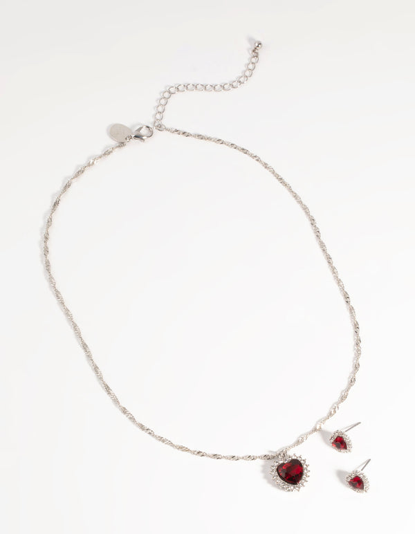 Silver Ruby Heart Necklace & Earring Set