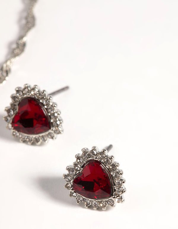 Silver Ruby Heart Necklace & Earring Set