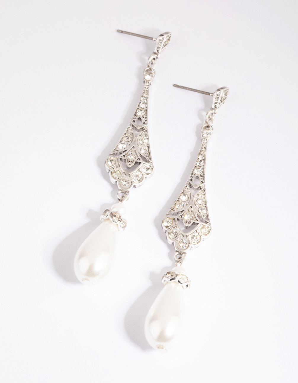 Antique Silver Diamante & Pearl Drop Earrings