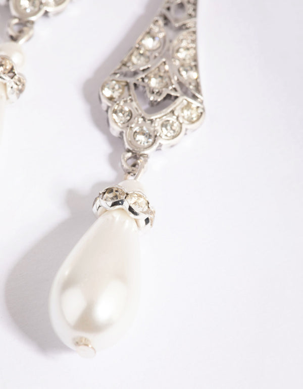 Antique Silver Diamante & Pearl Drop Earrings