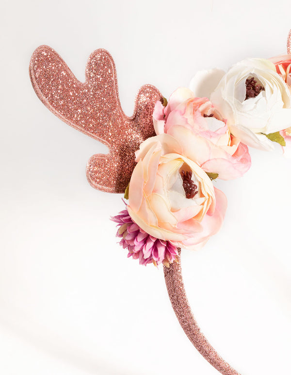 Kids Festive Glitter & Flower Antler Headband