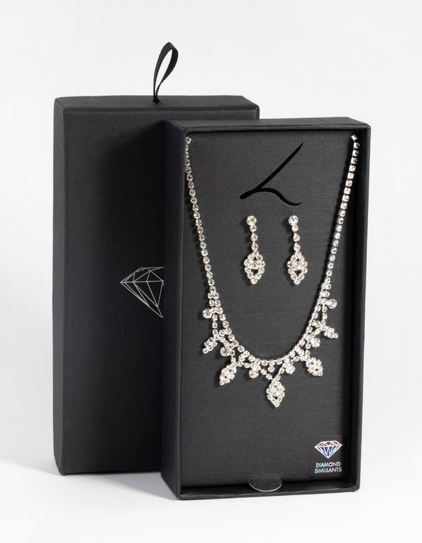 Silver Diamond Simulant Necklace & Earrings Set