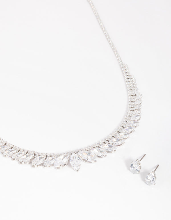 Silver Diamond Simulant Marquise Necklace & Earrings Set
