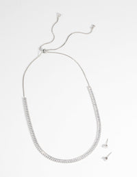 Silver Diamond Simulant Baguette Necklace & Earrings Set - link has visual effect only