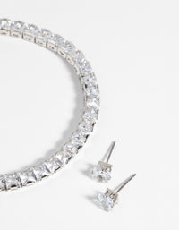 Silver Square Diamond Simulant Bracelet & Earrings Set - link has visual effect only