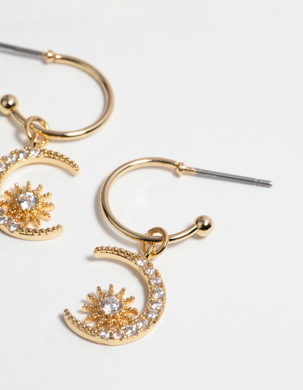 Gold Plated Celestial Huggie Hoop Earrings with Cubic Zirconia