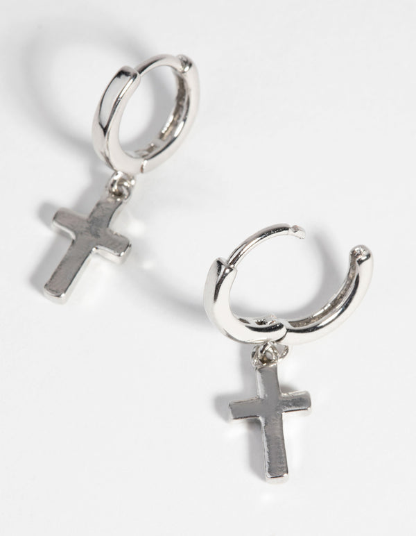 Silver Cross Huggie Hoop Earrings