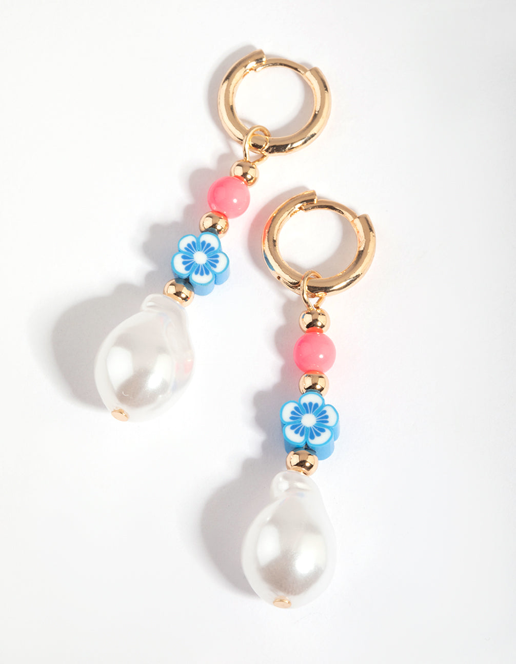 Gold Bright Bead & Pearl Huggie Hoop Earrings