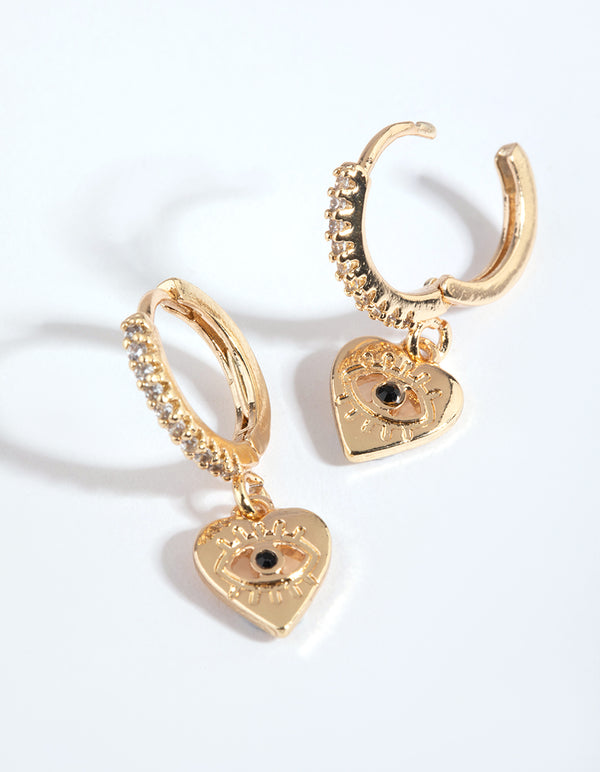 Gold Evil Eye & Heart Huggie Hoop Earrings