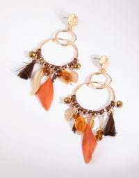 Brown Bead & Feather Drop Earrings - link has visual effect only