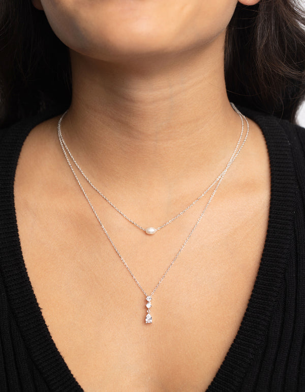 Silver Cubic Zirconia Freshwater Pearl Layered Necklace