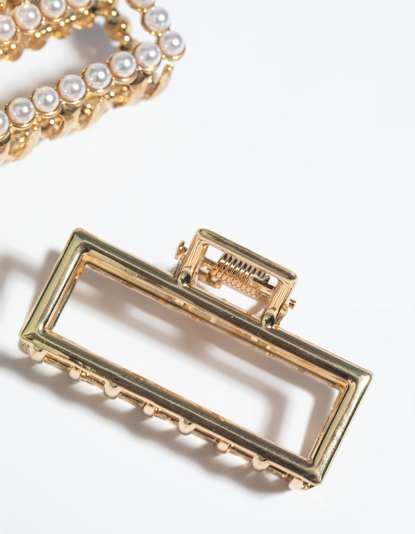 Gold Mini Pearl Rectangular Claw Clip Pack