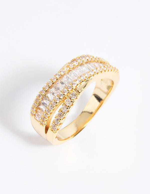 Gold Plated Cubic Zirconia Crossover Baguette Ring
