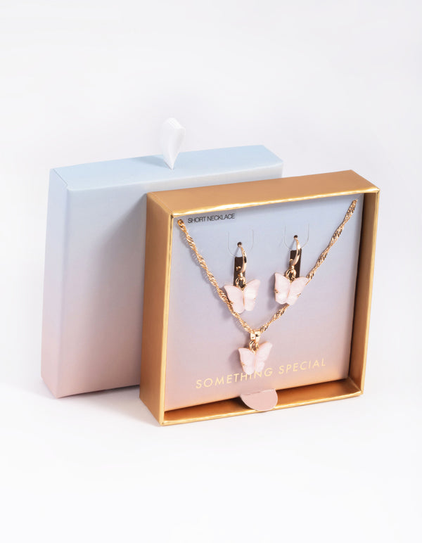 Pink Butterfly Necklace & Huggie Hoop Earrings