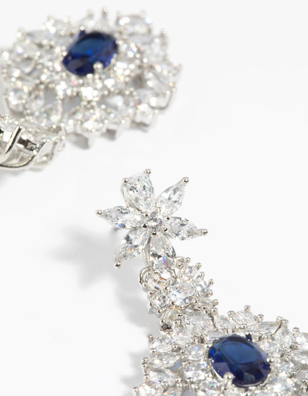 Rhodium Diamond Simulant Sapphire Drop Earrings