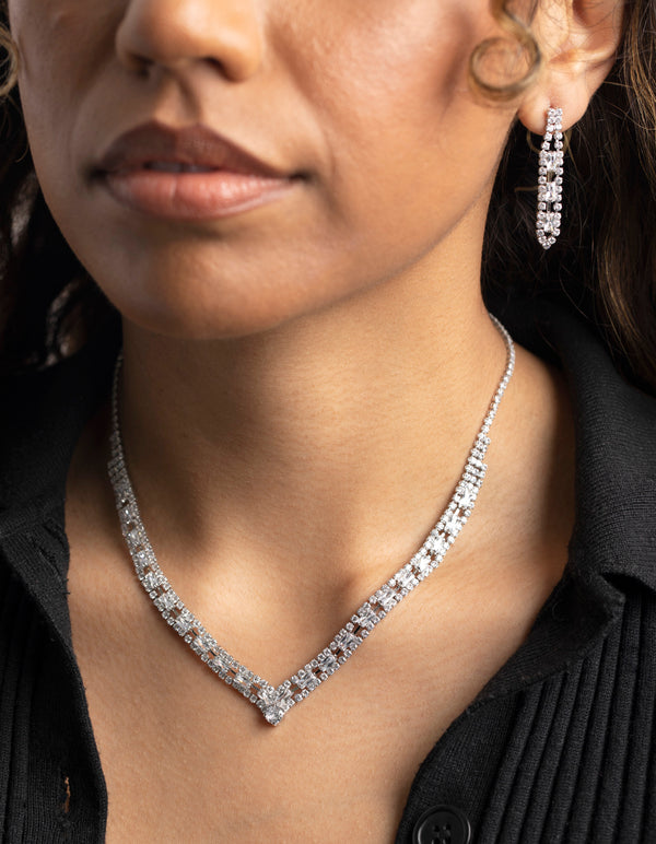 Silver Cubic Zirconia Statement Necklace & Earrings Set