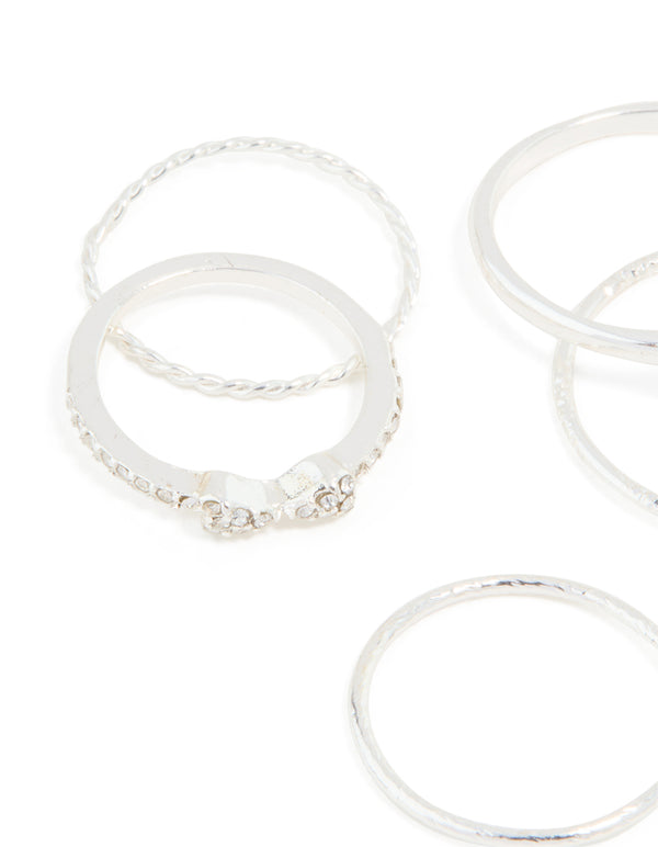 Silver Dainty Diamante & Pearl Ring Pack