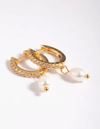 Gold Plated Brass Cubic Zirconia Pearl Huggie Hoop Earrings - link has visual effect only