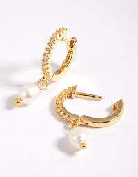 Gold Plated Brass Cubic Zirconia Pearl Huggie Hoop Earrings - link has visual effect only