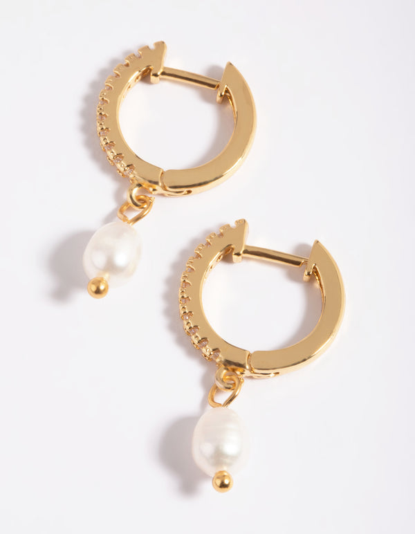 Gold Plated Brass Cubic Zirconia Pearl Huggie Hoop Earrings