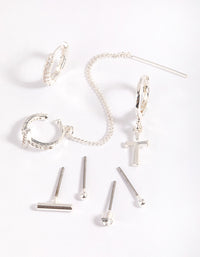 Silver Plated Chain Cross Earring Stack 8-Pack - link has visual effect only
