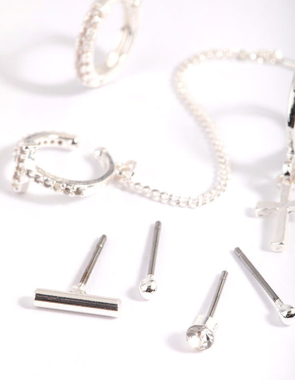 Silver Plated Brass  Chain Cross Earring Stack 8-Pack