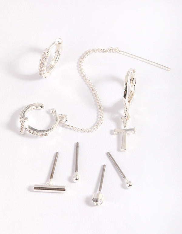 Silver Plated Chain Cross Earring Stack 8-Pack