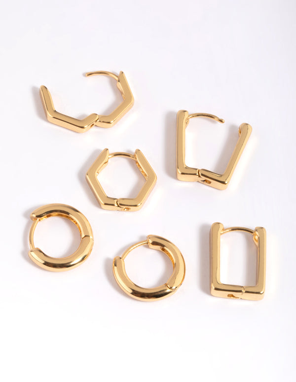 Gold Plated Brass Hexagon Earring Stack 6-Pack