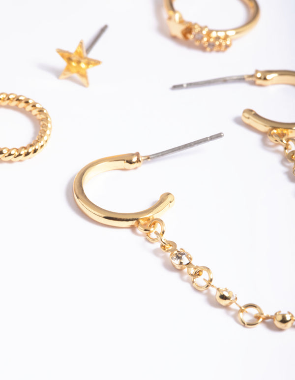 Gold Plated Brass Cubic Zirconia Chain Earring Stack 6-Pack