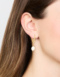 Waterproof Gold Plated Stainless Steel Freshwater Pearl Thin Huggie Hoop Earrings - link has visual effect only