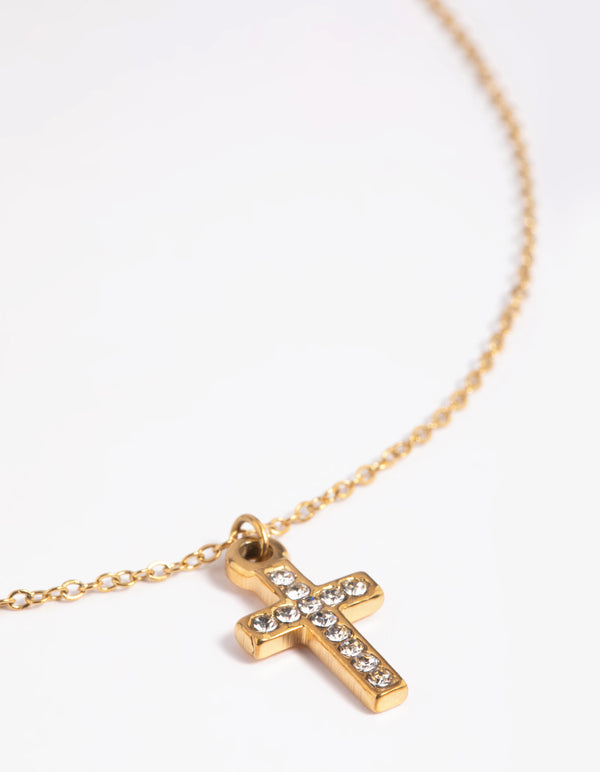 Waterproof Gold Plated Stainless Steel Cubic Zirconia Cross Necklace