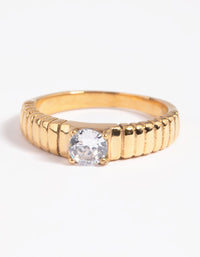 Waterproof Gold Plated Stainless Steel Line Detail Cubic Zirconia Ring - link has visual effect only