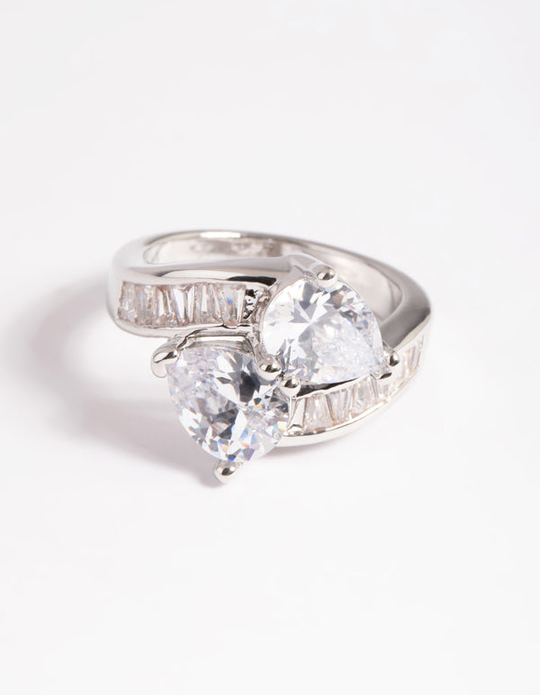 Rhodium Cubic Zirconia Pear Cross Over Ring