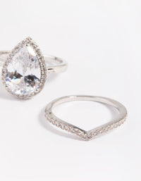 Rhodium Cubic Zirconia Pear Halo Ring Stack Pack - link has visual effect only