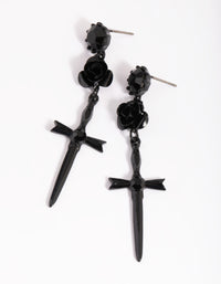 Matte Black Rose & Sword Drop Earrings - link has visual effect only