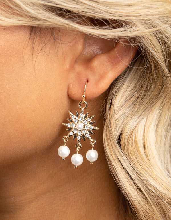 Gold Star & Moon Pearl Drop Earrings