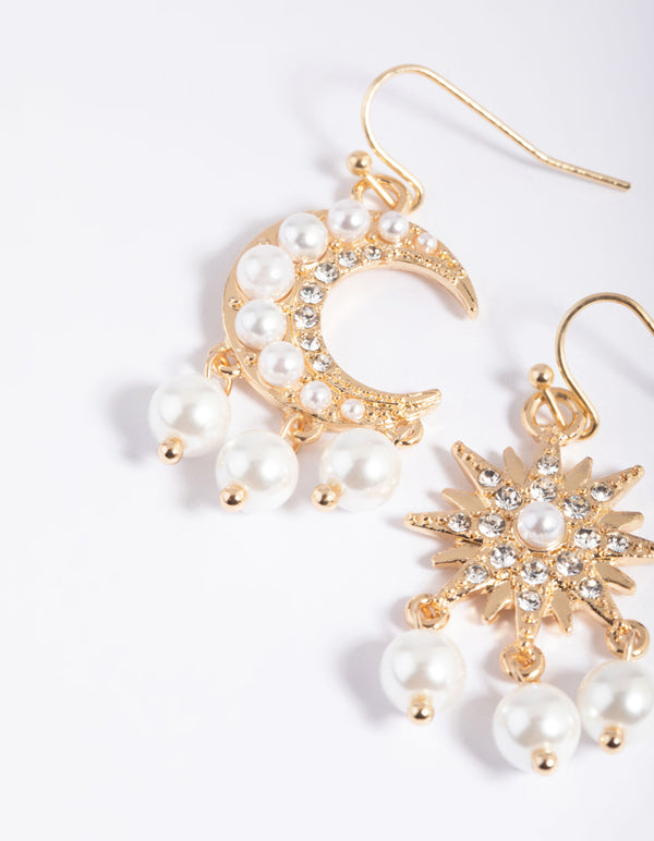 Gold Star & Moon Pearl Drop Earrings