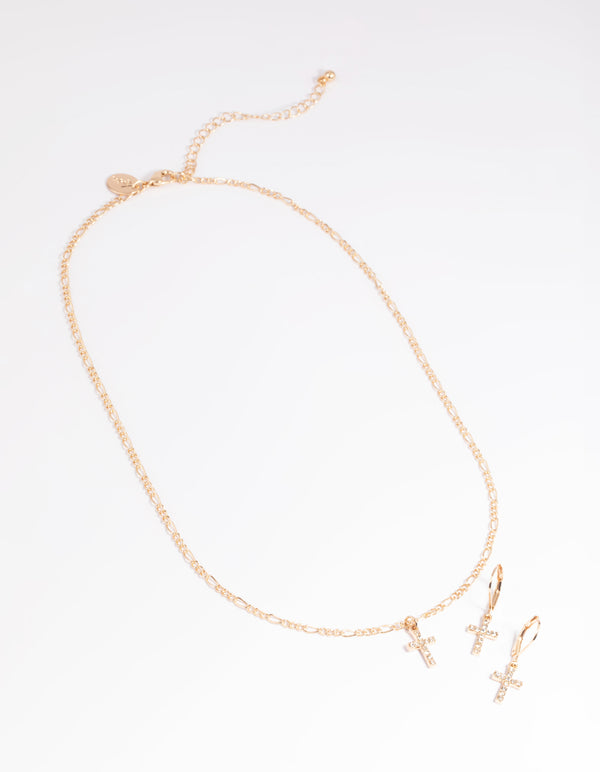 Gold Diamond Cross Earrings & Necklaces Giftbox