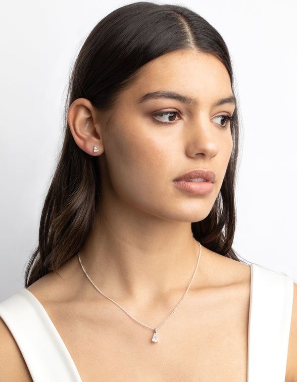 Silver Pear Solitaire Earrings & Necklace Giftbox