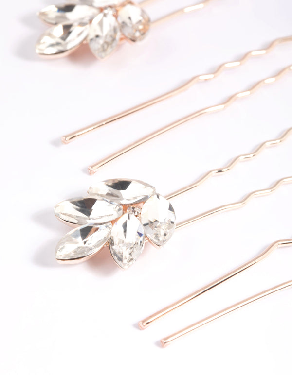 Rose Gold Diamante Navette Hair Pin Pack