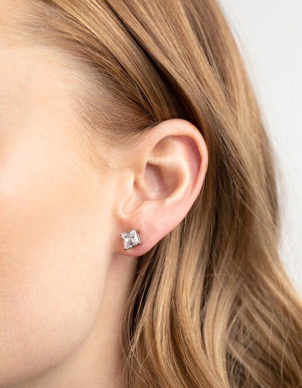 Silver Diamond Simulant Square Necklace & Earrings Set