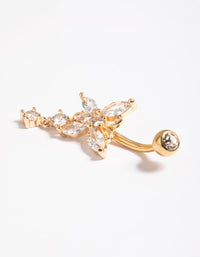 Featuring a butterfly belly bar charm with diamond accents crafted from gold plated surgical steel detail view - link has visual effect only
