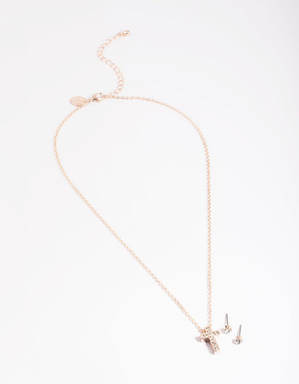 Rose Gold Cross Necklace & Stud Earrings