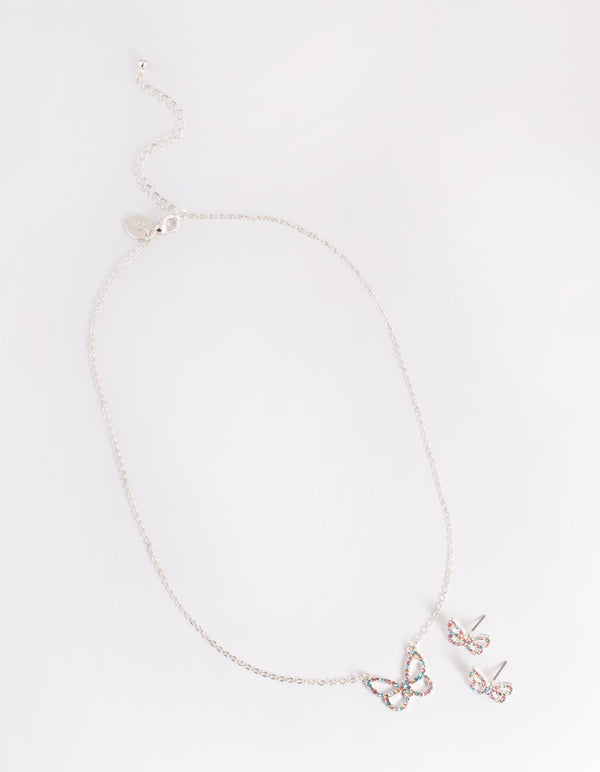 Silver Diamante Butterfly Necklace & Stud Earring Set