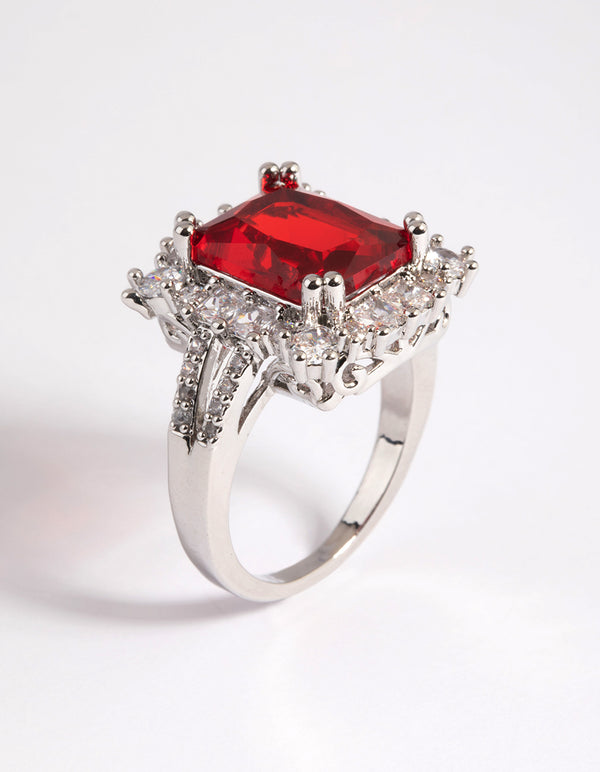 Silver Cubic Zirconia Red Asscher Ring