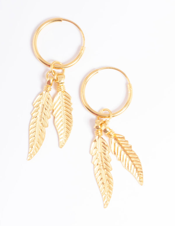 Gold Plated Sterling Silver Dangle Leaf Huggie Earrings