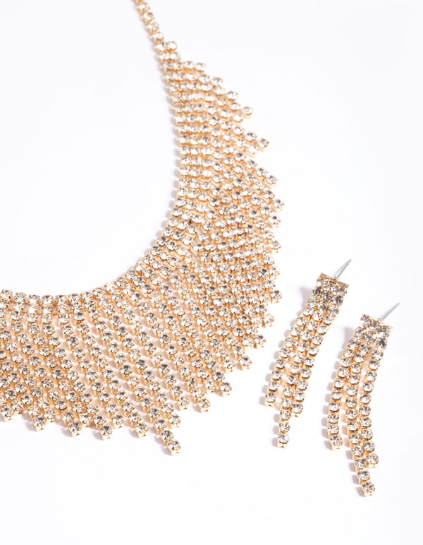 Gold Diamante Tassel Earrings & Necklace Set
